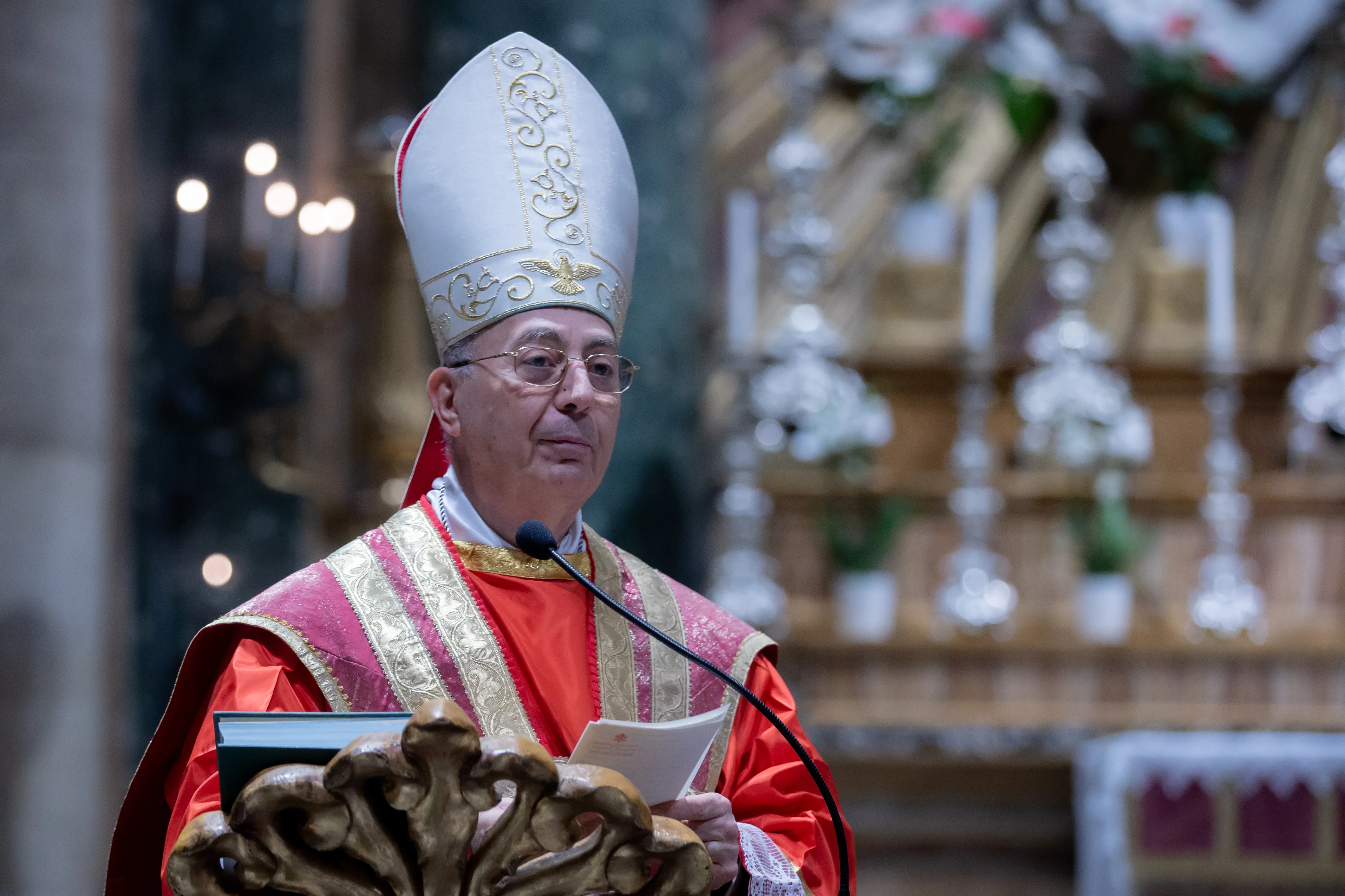 Cardinal Dominique Mamberti presides at a ceremony and Mass at the Church of San Salvatore in Lauro, Rome, where a relic of Blessed Rosario Livatino was displayed Jan. 20, 2023. Daniel Ibañez/CNA