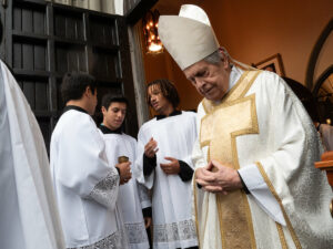 Bishop Emeritus David Monroe and altar servers prepare for the Archdiocese of Vancouver’s celebration marking the opening of the 2025 Jubilee Year. The Mass began with Archbishop Michael Miller blessing the Jubilee cross. (Nicholas Elbers photos)